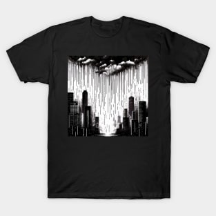 Abstract Art Monochromatic City in Rain Drops Pattern T-Shirt